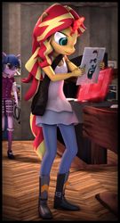 Size: 3310x6120 | Tagged: safe, artist:imafutureguitarhero, sci-twi, sunset shimmer, twilight sparkle, unicorn, anthro, plantigrade anthro, equestria girls, g4, 3d, abbey road, arm freckles, bag, boots, border, chest freckles, chromatic aberration, clothes, dress, duo, female, film grain, freckles, gary clark jr, glasses, glowing horn, handbag, horn, jeans, leather boots, led zeppelin, levitation, long hair, magic, mare, multicolored hair, multicolored tail, pants, peppered bacon, pink floyd, queen (band), record, record store, sgt. pepper's lonely hearts club band, shoes, signature, skirt, source filmmaker, telekinesis, the dark side of the moon, vertical