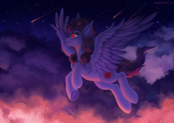 Size: 1273x900 | Tagged: safe, artist:margony, oc, oc only, pegasus, pony, cloud, comet, commission, digital art, flying, headphones, male, red eyes, signature, solo, spread wings, stallion, stars, wings