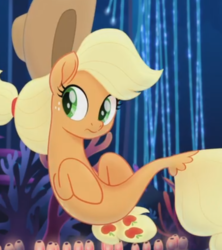 Size: 540x608 | Tagged: safe, screencap, applejack, earth pony, pony, seapony (g4), g4, my little pony: the movie, applejack's hat, bubble, coral, cowboy hat, cropped, cute, dorsal fin, female, fin, fish tail, flowing mane, flowing tail, green eyes, hat, jackabetes, mare, ocean, scales, seaponified, seapony applejack, seaquestria, seaweed, smiling, solo, species swap, swimming, tail, underwater, water, yellow mane, yellow tail