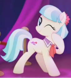Size: 404x443 | Tagged: safe, screencap, coco pommel, earth pony, pony, g4, my little pony: the movie, cocobetes, cropped, cute, female, low quality, one eye closed, solo, wink