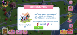 Size: 2436x1125 | Tagged: safe, gameloft, idw, king sombra, max raid, radiant hope, tree hugger, earth pony, pony, unicorn, g4, siege of the crystal empire, crack is cheaper, crystal empire, disappointment, gameloft shenanigans, gem, greedloft, limited-time story, magic coins, pest control pony, reformed sombra, shadow crystal