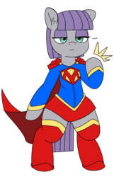 Size: 900x1400 | Tagged: safe, artist:pabbley, artist:whirlybird, color edit, edit, maud pie, earth pony, pony, g4, 30 minute art challenge, cape, clothes, colored, costume, female, mare, simple background, supergirl, transparent background