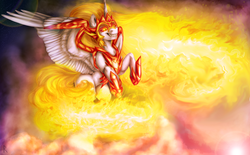 Size: 1580x977 | Tagged: safe, artist:raychelrage, daybreaker, alicorn, pony, g4, commission, female, jewelry, lens flare, mane of fire, mare, rearing, regalia, solo, spread wings, wings
