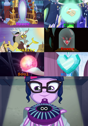 Size: 638x914 | Tagged: safe, edit, edited screencap, screencap, discord, queen novo, sci-twi, twilight sparkle, draconequus, seapony (g4), equestria girls, g4, magic duel, my little pony equestria girls: friendship games, my little pony equestria girls: rainbow rocks, my little pony: the movie, princess twilight sparkle (episode), the crystal empire, the crystalling, the cutie re-mark, alicorn amulet, amulet, avengers, avengers: infinity war, clothes, creepy, crystal castle, crystal heart, crystal prep academy, crystal prep academy uniform, day, dead ringer, female, glass, glasses, hairpin, heart, holding, houses, indoors, infinity, infinity gauntlet, infinity stones, jewelry, lab coat, magic capture device, male, mind, mirror, night, orb, outdoors, pipe, portal, power, queen, queen novo's orb, reality, room, royalty, school, school uniform, schoolgirl, scroll, seaquestria, soul, symbol, technology, text, text edit, time, twilight's castle, underwater, vine, wall of tags