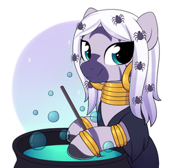 Size: 2411x2354 | Tagged: safe, artist:moozua, zecora, pony, spider, zebra, g4, luna eclipsed, season 2, alternate hairstyle, bracelet, bubble, cauldron, clothes, costume, cute, ear piercing, earring, female, high res, jewelry, long hair, looking at you, mare, neck rings, nightmare night, nightmare night costume, piercing, quadrupedal, simple background, smiling, smiling at you, solo, white background, zecorable