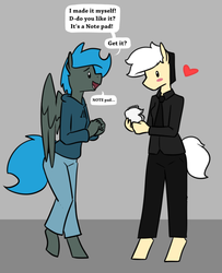 Size: 854x1050 | Tagged: safe, artist:whatsapokemon, oc, oc only, oc:jade shine, oc:note clip, earth pony, pegasus, anthro, unguligrade anthro, anthro oc, blushing, clothes, female, gift art, heart, hoodie, lesbian, mare, oc x oc, pants, shipping, simple background, smiling