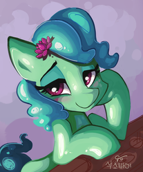 Size: 1600x1932 | Tagged: safe, artist:saxopi, oc, oc only, oc:bikey, goo pony, original species, pony, bedroom eyes, blushing, female, flower, flower in hair, looking at you, mare, smiling, solo