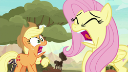 Size: 1280x720 | Tagged: safe, screencap, applejack, fluttershy, g4, sounds of silence, faic, screaming