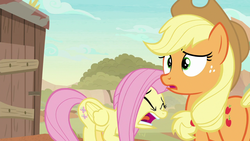Size: 1280x720 | Tagged: safe, screencap, applejack, fluttershy, pegasus, pony, g4, sounds of silence, butt, female, mare, plot, screaming