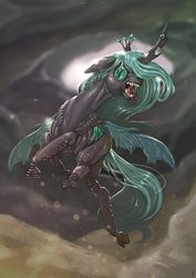 Size: 1000x1415 | Tagged: safe, artist:mrs1989, queen chrysalis, changeling, changeling queen, g4, crown, fangs, female, jewelry, open mouth, regalia, solo