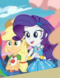 Size: 394x508 | Tagged: safe, screencap, applejack, rarity, equestria girls, equestria girls series, g4, rollercoaster of friendship, belt, clothes, cowboy hat, cropped, denim skirt, female, freckles, geode of shielding, geode of super strength, hat, photo booth (song), rarity peplum dress, skirt, smiling, stetson