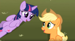 Size: 1186x651 | Tagged: safe, screencap, applejack, twilight sparkle, earth pony, pony, unicorn, g4, the super speedy cider squeezy 6000, duo, exhausted, female, looking at each other, lying down, mare, on back, proud, tired, unicorn twilight