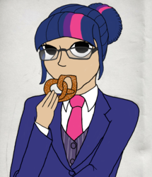 Size: 3120x3632 | Tagged: safe, artist:jesterofdestiny, twilight sparkle, human, g4, alternate hairstyle, clothes, digitally colored, dress shirt, eating, female, food, glasses, hair bun, high res, humanized, looking at you, necktie, pretzel, solo, suit, three piece suit, traditional art, twipretzel, waistcoat