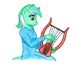 Size: 800x700 | Tagged: safe, artist:jezendar, lyra heartstrings, anthro, g4, chelys lyre, clothes, dress, lyre, music, musical instrument, namesake, simple background, traditional art, white background