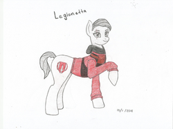 Size: 2244x1675 | Tagged: safe, artist:legionhooves, oc, oc only, oc:legionetta, pony, brotherhood of steel, clothes, colored, cute, cutie mark, eye scar, gray coat, gray eyes, looking at you, raised arm, rule 63, scar, simple background, sketch, smiling, smirk, solo, steel ranger scribe, uniform, white background