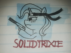 Size: 3264x2448 | Tagged: safe, artist:ponetistic, trixie, pony, g4, bandana, female, gun, handgun, high res, lined paper, metal gear solid, pistol, solo, traditional art