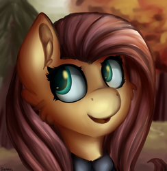 Size: 1045x1069 | Tagged: safe, artist:deraniel, fluttershy, pegasus, pony, g4, autumn, bust, clothes, ear fluff, female, forest, looking away, mare, open mouth, outdoors, portrait, smiling, solo