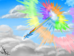 Size: 4096x3112 | Tagged: safe, artist:mcqueen, rainbow dash, pegasus, pony, g4, cloud, crying, eyes closed, flying, rainbow, sky, sonic rainboom