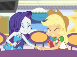 Size: 695x518 | Tagged: safe, screencap, applejack, rarity, equestria girls, equestria girls specials, g4, my little pony equestria girls: better together, my little pony equestria girls: rollercoaster of friendship, animated, best friends, canterlot mall, chair, clothes, cute, dress, female, geode of shielding, geode of super strength, hand, hat, phone, raribetes, shipping fuel, table