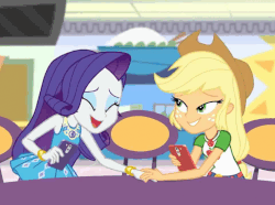 Size: 695x518 | Tagged: safe, screencap, applejack, rarity, equestria girls, equestria girls specials, g4, my little pony equestria girls: better together, my little pony equestria girls: rollercoaster of friendship, animated, best friends, chair, clothes, cute, dress, female, geode of shielding, geode of super strength, hat, phone, raribetes, shipping fuel, table