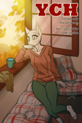 Size: 800x1200 | Tagged: safe, artist:margony, oc, oc only, anthro, advertisement, anthro oc, auction, bed, clothes, commission, couch, digital art, female, mare, pants, pillow, sitting, sweater, window, ych example, your character here