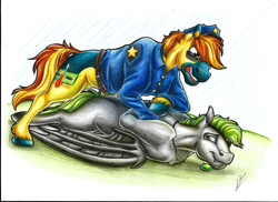 Size: 3506x2550 | Tagged: safe, artist:lupiarts, oc, oc only, oc:rabid, oc:yaktan, bat pony, arm behind back, arrested, colored, colored pencil drawing, cuffs, handcuffed, high res, jewelry, necklace, police, police officer, police uniform, smiling, smirk, traditional art