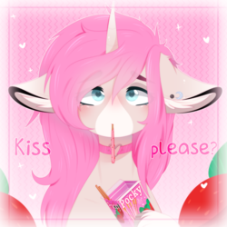 Size: 3000x3000 | Tagged: safe, artist:nightyum, oc, oc only, oc:tarot, classical unicorn, pony, unicorn, blushing, cloven hooves, collar, curved horn, cute, dialogue, digital art, ear piercing, female, floppy ears, food, freckles, heart eyes, high res, horn, leonine tail, long mane, mare, palomino, piercing, pink mane, pocky, pocky game, simple background, solo, strawberry, unshorn fetlocks, wingding eyes, ych result