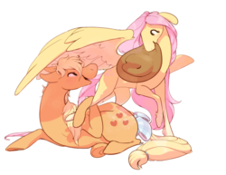 Size: 1010x780 | Tagged: safe, artist:bananasmores, applejack, fluttershy, earth pony, pegasus, pony, g4, applejack's hat, blushing, bow, cowboy hat, dock, duo, female, flirting, frog (hoof), hat, hat thief, leg grab, lesbian, looking at each other, mare, mouth hold, outline, shadow, ship:appleshy, shipping, simple background, spread wings, stetson, tail bow, transparent background, underhoof, unshorn fetlocks, white outline, wings