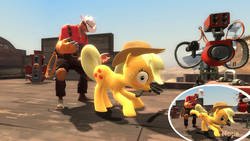 Size: 1360x768 | Tagged: safe, artist:mistpony, applejack, g4, blushing, crossover, delfy, dispenser, engineer, engineer (tf2), exploitable meme, fail, gangnam style, griefer, griefing, groin attack, kazotsky kick, meme, nope, nope.avi, overalls, sentry, team fortress 2, texas ten gallon, trollgineer