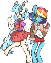 Size: 1038x1280 | Tagged: safe, artist:lavendire, coco pommel, rainbow dash, earth pony, anthro, g4, clothes, cocodash, female, lesbian, mare, pants, shipping, skirt