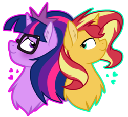 Size: 2423x2219 | Tagged: safe, artist:shayla567, sci-twi, sunset shimmer, twilight sparkle, pony, unicorn, equestria girls, g4, blushing, equestria girls ponified, female, high res, lesbian, looking at each other, ponified, ship:sci-twishimmer, ship:sunsetsparkle, shipping, simple background, transparent background, unicorn sci-twi