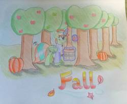 Size: 1457x1189 | Tagged: safe, artist:prinrue, oc, oc only, oc:starshine note, alicorn, pony, alicorn oc, apple, apple tree, autumn, basket, food, glowing horn, horn, leaves, pumpkin, solo, text, traditional art, tree