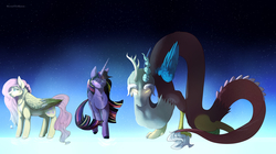 Size: 5000x2800 | Tagged: safe, artist:beyondtheillusion, discord, fluttershy, twilight sparkle, alicorn, draconequus, pegasus, pony, g4, breakup, female, kesha, male, mare, praying (song), ship:discoshy, shipping, song reference, straight, twilight sparkle (alicorn)