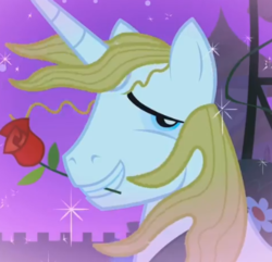 Size: 396x382 | Tagged: safe, screencap, prince blueblood, pony, g4, season 1, the best night ever, cropped, flower, flower in mouth, male, mouth hold, rose, rose in mouth, solo, sparkles, windswept mane