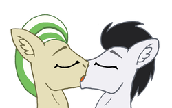 Size: 2067x1310 | Tagged: safe, artist:summerium, oc, oc only, oc:arcadia, oc:enigma, ear fluff, eyes closed, gay, kissing, male, mixed media, simple background, stallion, white background