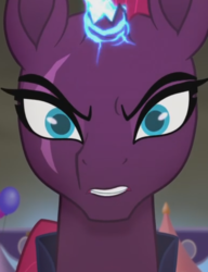 Size: 551x716 | Tagged: safe, screencap, tempest shadow, pony, g4, my little pony: the movie, cropped, eye scar, female, horn, scar, solo, sparking horn