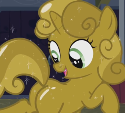 Size: 430x388 | Tagged: safe, screencap, sweetie belle, pony, unicorn, g4, one bad apple, butt, covered, cropped, female, glitter, luster dust, plot, sparkles, sweetie butt, sweetie gold