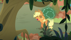 Size: 1280x720 | Tagged: safe, screencap, applejack, earth pony, fly-der, pony, g4, sounds of silence, eyes closed, female, mare, solo, swamp