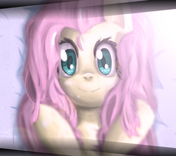 Size: 650x576 | Tagged: safe, artist:papaudopoulos69, fluttershy, pegasus, pony, g4, bust, female, front view, full face view, hooves to the chest, looking at you, mare, on back, smiling, solo