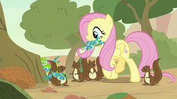 Size: 1280x720 | Tagged: safe, screencap, fluttershy, pegasus, pony, squirrel, g4, sounds of silence, female, flower, foal's breath, mare, mouth hold