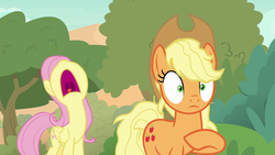 Size: 1280x720 | Tagged: safe, screencap, applejack, fluttershy, earth pony, pegasus, pony, g4, sounds of silence, duo, female, mare, nose in the air, open mouth, volumetric mouth, yelling