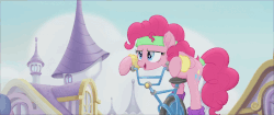 Size: 1809x762 | Tagged: safe, screencap, pinkie pie, earth pony, pony, g4, my little pony: the movie, animated, bicycle, female, gif, leg warmers, mare, slideshow, solo, sweat, sweatband, twirl, we got this together, wristband