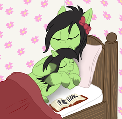 Size: 1528x1486 | Tagged: safe, artist:lizardwithhat, oc, earth pony, pegasus, pony, bed, bedroom, blanket, book, bow, cute, eyelashes, eyes closed, family, female, filly, flower, hair bow, hooves, hug, pillow, smiling