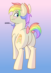 Size: 1024x1448 | Tagged: safe, artist:artsyambi, oc, oc only, oc:glazed donut, earth pony, pony, bow, butt, featureless crotch, gradient background, male, plot, solo, stallion, tail bow