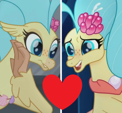 Size: 1209x1119 | Tagged: safe, edit, edited screencap, screencap, princess skystar, classical hippogriff, hippogriff, seapony (g4), g4, my little pony: the movie, bioluminescent, blue eyes, blushing, bubble, coral, cropped, cute, dorsal fin, duality, female, fin, fin wings, fins, floppy ears, flower, flower in hair, flowing mane, freckles, glowing, happy, heart, jewelry, lesbian, necklace, ocean, open mouth, open smile, pearl necklace, seaquestria, seashell, seaweed, self ponidox, selfcest, shipping, shipping domino, skyabetes, skysky, smiling, solo, swimming, tail, underwater, water, wings
