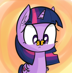 Size: 962x981 | Tagged: safe, artist:artiks, twilight sparkle, alicorn, butterfly, pony, g4, abstract background, butterfly on nose, female, insect on nose, mare, solo, twilight sparkle (alicorn)
