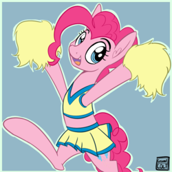 Size: 900x900 | Tagged: safe, artist:casualcolt, pinkie pie, earth pony, pony, g4, blue background, cheerleader, cheerleader outfit, clothes, female, kangaroo legs, looking at you, mare, midriff, pom pom, simple background, skirt, solo