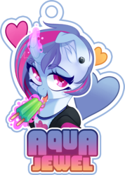 Size: 3759x5286 | Tagged: safe, artist:zombie, oc, oc only, oc:aqua jewel, pony, unicorn, badge, clothes, commission, ear piercing, food, heart, ice cream, jacket, looking at you, magic, piercing, shirt, simple background, solo, tongue out, transparent background, ych result