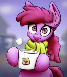 Size: 943x1082 | Tagged: safe, artist:ikarooz, berry punch, berryshine, earth pony, pony, g4, clothes, cute, female, looking at you, mare, mug, scarf, teabag