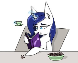 Size: 1805x1459 | Tagged: safe, artist:cutejosuke, oc, oc only, oc:kylie west, pony, unicorn, cookie, cup, drinking, female, food, intersex, mare, reading, simple background, solo, tea, teacup